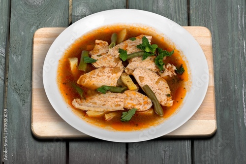 Delicious fish soup. Hot soup from traditional food national dish.