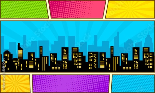 Comic cartoon background with city silhouette