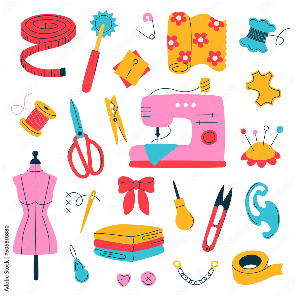 Vecteur Stock Sewing icons set. Sewing tools, equipment and accessories  color flat illustrations. Hand drawn isolated drawings of sewing machine,  scissors, measuring tape, threads, buttons | Adobe Stock