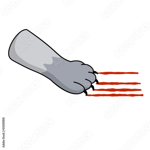 Cat foot. Scratch with blood trail. Aggression and injuries. Evil behavior of pet. Cartoon flat illustration