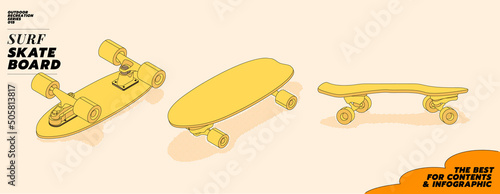 Modern flat illustration of surf skateboard deck from various angles.