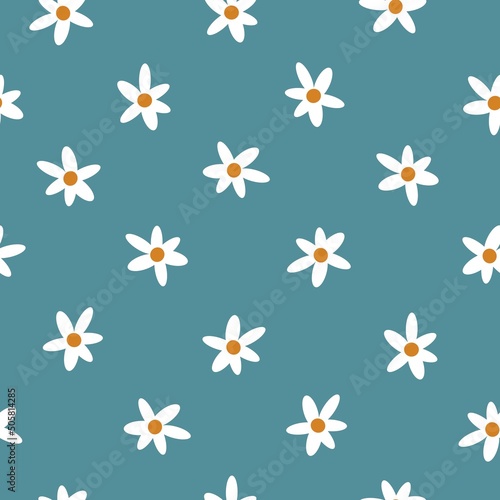 Simple vintage pattern. White flowers. blue background. Fashionable print for textiles, wallpaper and packaging.