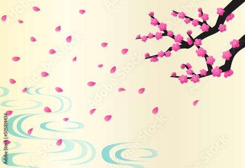 紅梅と花びらが水面に舞う和風の背景イラスト　はがきサイズ横型