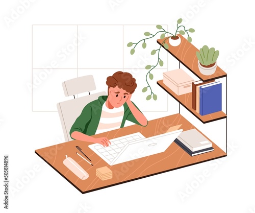 Sad school kid studying, sitting at laptop computer at home. Bored child learning online. Tired boy student, problems with homework. Flat graphic vector illustration isolated on white background