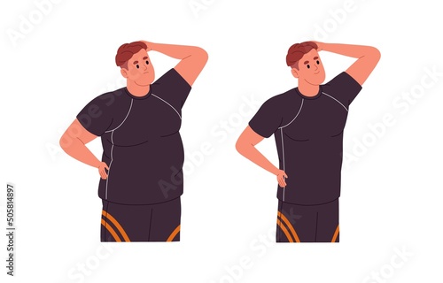 Weight loss, body transformation concept. Before and after, man figure comparison. Changing, progress, transforming from fat shapes to slim. Flat vector illustration isolated on white background