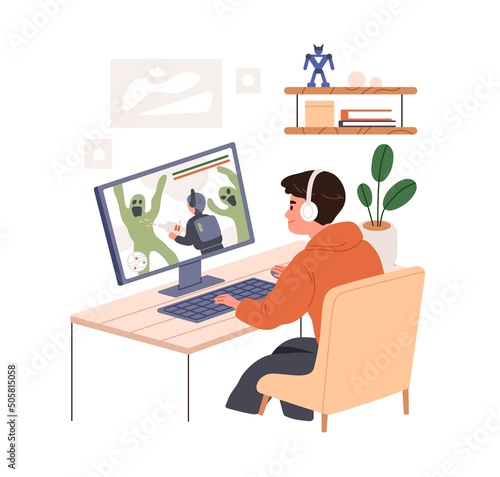 Kid playing video game online at computer. Child gamer at PC entertainment. Boy player in headphones sitting at table at leisure time at home. Flat vector illustration isolated on white background