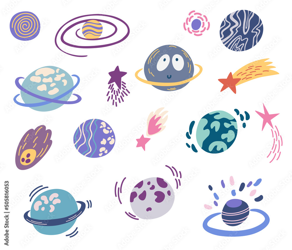 Planets and Shooting stars set. Space objects. Comet tail or star trail. Meteorite, space. Vector Hand draw illustration isolated on the white background. Planets and Shooting stars set. Space objects. Comet tail or star trail. Meteorite, space. Vector Hand draw illustration isolated on the white background.