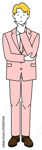 真剣に決策を考えているスーツ姿の可愛い男性 全身 立ち姿 イラスト ベクター