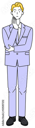真剣に決策を考えているスーツ姿の可愛い男性 全身 立ち姿 イラスト ベクター
