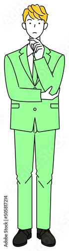 真剣に決策を考えているスーツ姿の可愛い男性 全身 立ち姿 イラスト ベクター