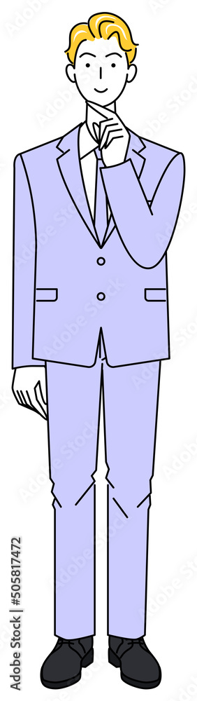 前向きに決策を考えているスーツ姿の可愛い男性 全身 立ち姿 イラスト ベクター 前向きに決策を考えているスーツ姿の可愛い男性 全身 立ち姿 イラスト ベクター