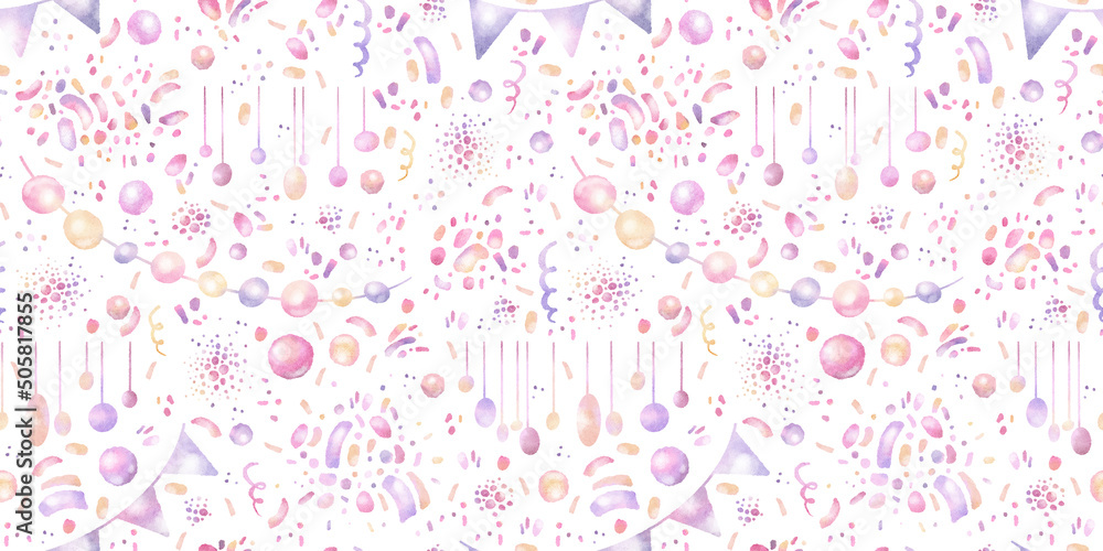 Watercolor hand drawn seamless pattern with illustration of pink, yellow garlands, hats, flags, doodles, confetti isolated on white background. Colorful elements for birthday party Watercolor hand drawn seamless pattern with illustration of pink, yellow garlands, hats, flags, doodles, confetti isolated on white background. Colorful elements for birthday party