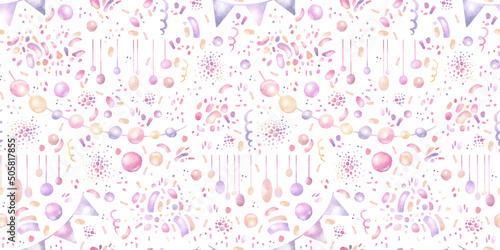Watercolor hand drawn seamless pattern with illustration of pink, yellow garlands, hats, flags, doodles, confetti isolated on white background. Colorful elements for birthday party