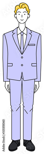 気を付けの姿勢で立っているスーツ姿の可愛い男性 全身 立ち姿 イラスト ベクター
Cute man in a suit standing in an attentive posture. Full body standing illustration Vector