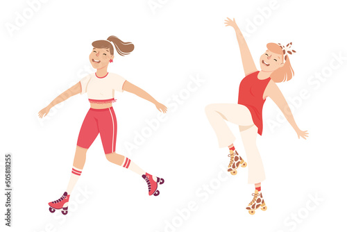 Excited Woman Character Dancing on Roller Skates Vector Illustration Set