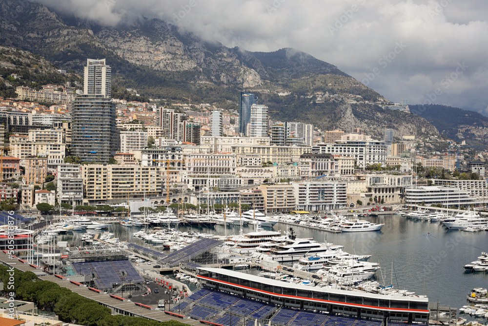 Overview with the Monaco city and port during a spring sunny day with the F1 circuit construction under way.