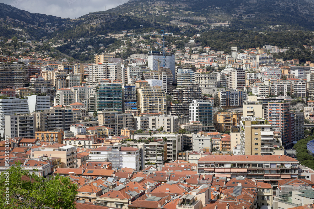 Overview with the Monaco city and port during a spring sunny day.