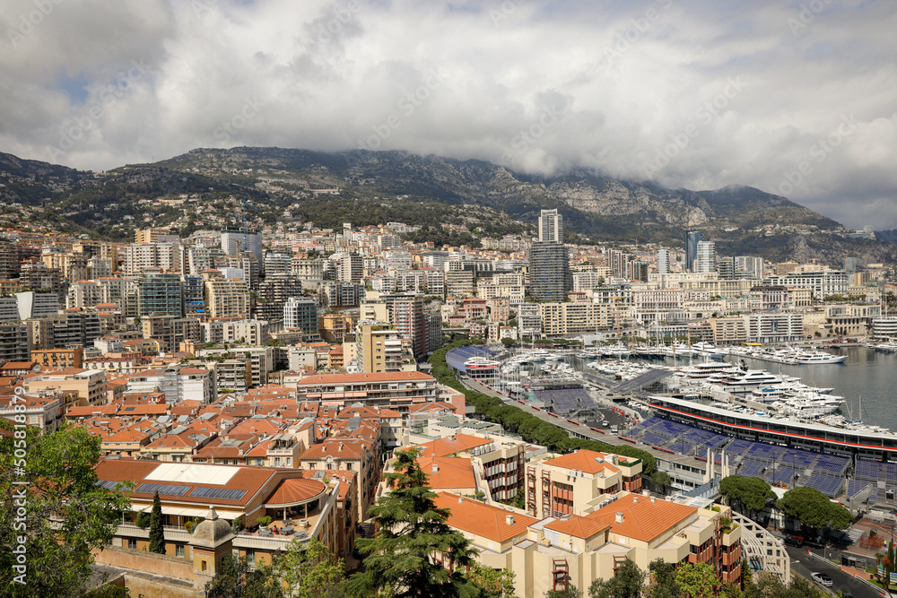 Overview with the Monaco city and port during a spring sunny day with the F1 circuit construction under way.