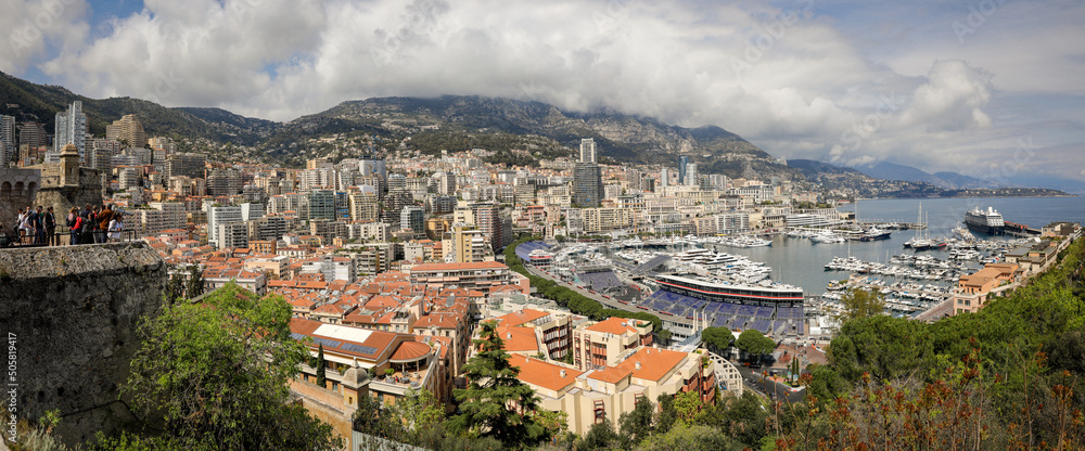 Panorama with the Monaco city and port during a spring sunny day with the F1 circuit construction under way.