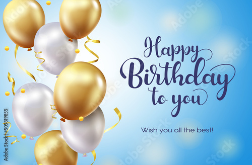 Birthday greeting vector template design. Happy birthday to you text with balloons and confetti floating in blue background for birth day party celebration decoration. Vector illustration.
