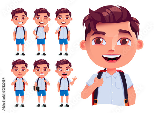 Student boy vector character set design. Male school characters isolated in white background with smiling, funny and friendly pose and facial gestures for back to school kids collection.