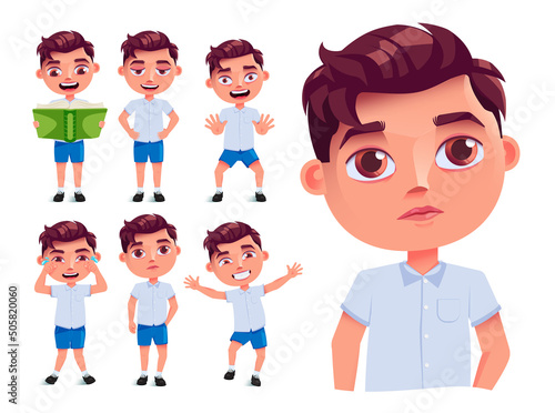 School boy vector character set design. Male student characters collection in friendly and thinking expression isolated in white background for back to school education. Vector illustration.
