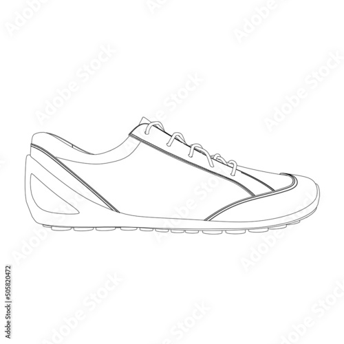 The contour of sports sneakers from black lines isolated on a white background. Side view. Vector illustration.