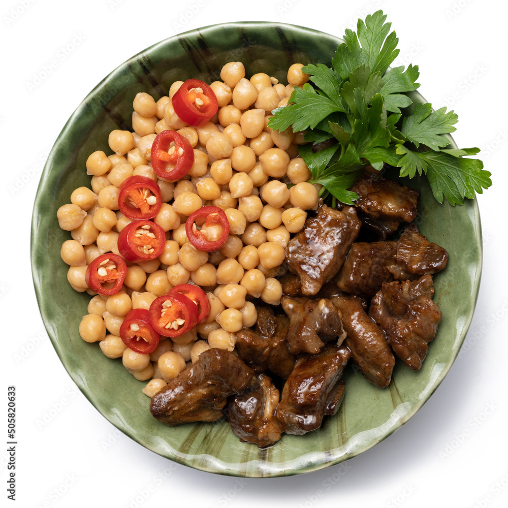 Turkish Food Chickpeas with Meat in bowl isolated on white background. Traditional delicious Turkish foods. Etli nohut Turkish Food Chickpeas with Meat in bowl isolated on white background. Traditional delicious Turkish foods. Etli nohut
