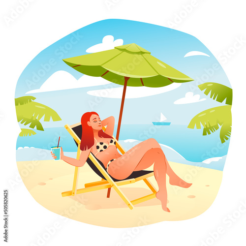 A young girl on the beach is sunbathing on a chaise longue. Cartoon vector illustration
