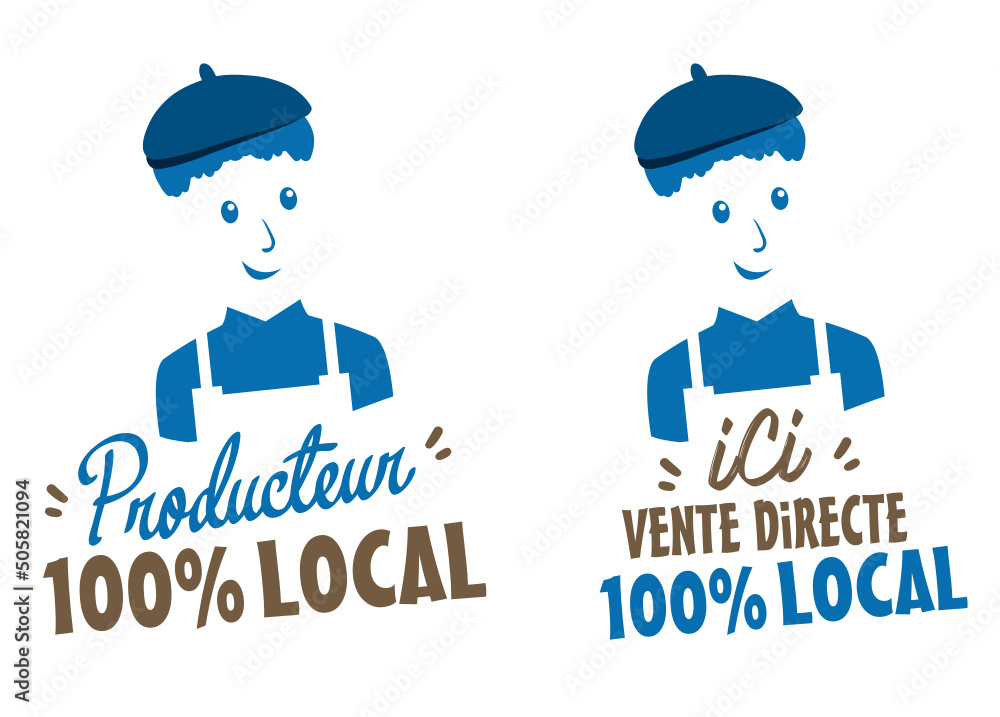 Producteur local français avec béret, promotion des produits 100% locaux, magasin producteur local - obrazy, fototapety, plakaty 