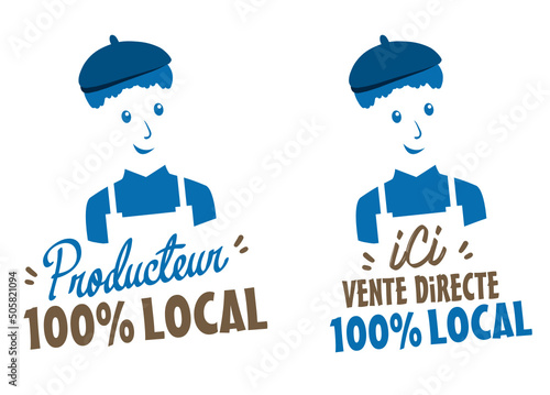 Producteur local français avec béret, promotion des produits 100% locaux, magasin producteur local