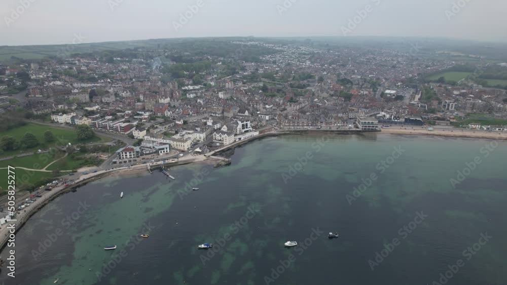 Swanage Dorset town UK high drone aerial view Swanage Dorset town UK high drone aerial view