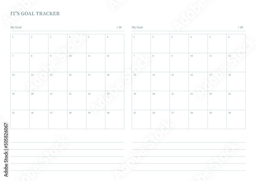 Note, scheduler, diary, calendar planner document template illustration. Goal tracker. Goals by month.