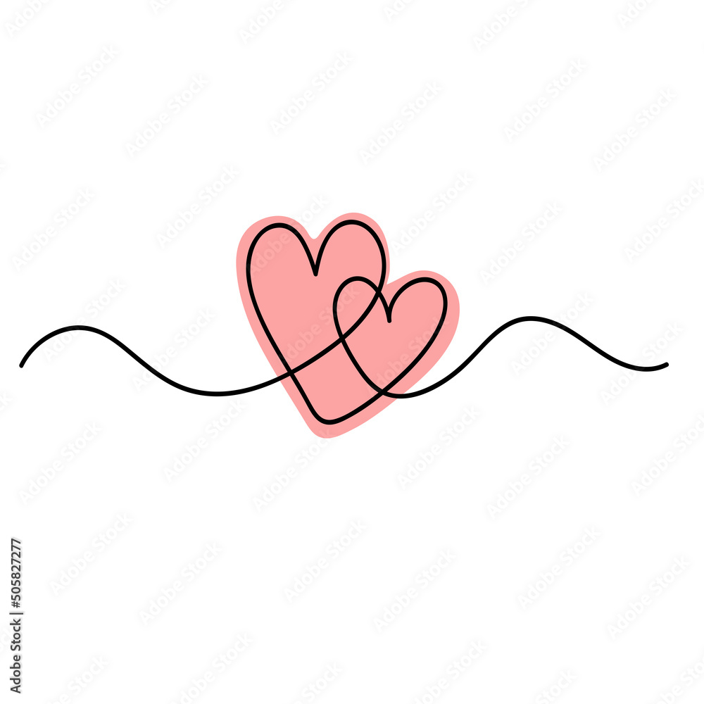 Two Hearts Continuous Line Drawing. Hearts Couple Trendy Minimalist Illustration. One Line Abstract Drawing.