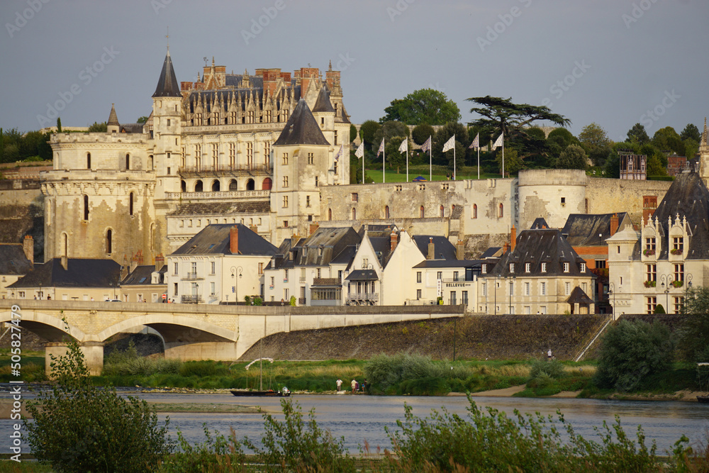 view of Amboise old stone castle , town, Loire river and bridge at dusk, France