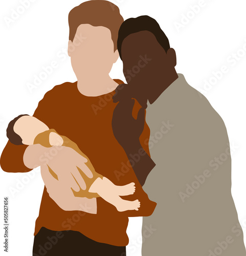 Gay men couple hugging and holding their sleeping baby