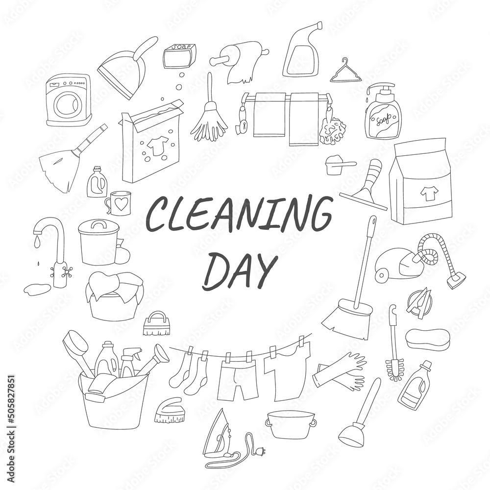 Black and white doodle set of household appliances. Cleaning day. Vector illustration.