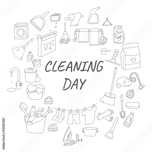 Black and white doodle set of household appliances. Cleaning day. Vector illustration.