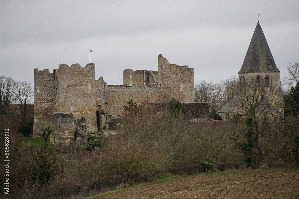 Obraz premium ruins of the old stone castle in the morning next to the church in the forest in France