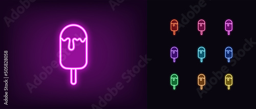 Outline neon popsicle icon. Glowing neon ice cream with stick, eskimo pie pictogram. Popsicle ice cream