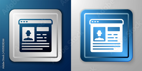 White Resume icon isolated on blue and grey background. CV application. Searching professional staff. Analyzing personnel resume. Silver and blue square button. Vector