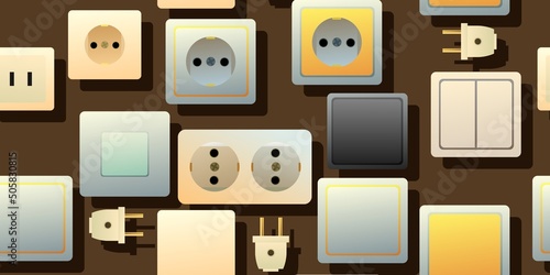 Sockets and switches. Electrical appliances for home network. Spare parts for work of an electrician. Seamless pattern. Vector