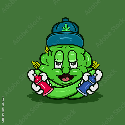 Cartoon Mascot Of  Weed Bud With Spray Paint. Vector And Illustration