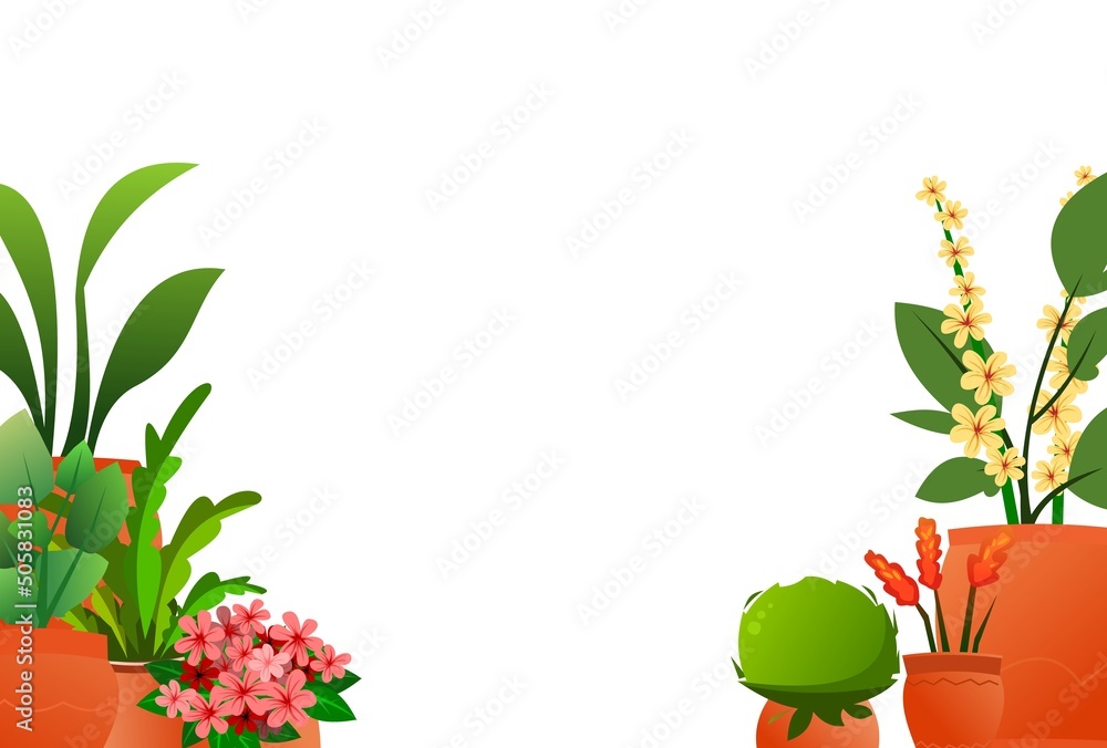 Indoor plants and flowers. In ceramic pots. Picture frame. Homemade beautiful herbs. Isolated on white background. Cartoon fun style. Vector Indoor plants and flowers. In ceramic pots. Picture frame. Homemade beautiful herbs. Isolated on white background. Cartoon fun style. Vector