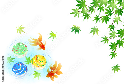 青もみじとヨーヨーと金魚の暑中見舞いはがきヨコ