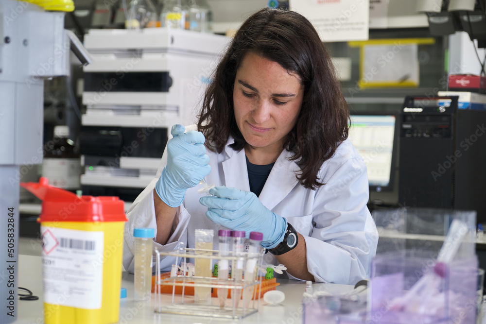 Young female researcher working in a real laboratory analysing experimental samples. Young female researcher working in a real laboratory analysing experimental samples.