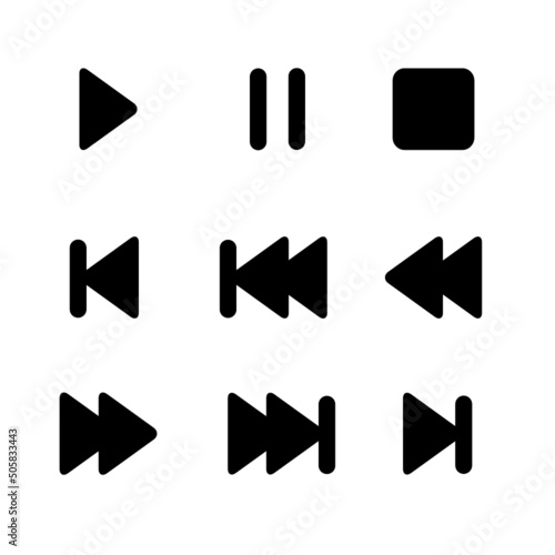 Media player icon set. Black and white color. Play, pause, stop, rewind buttons.