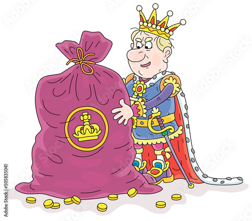 Angry and greedy king and a big bag of gold coins from his royal treasury with fabulous wealth, vector cartoon illustration isolated on a white background