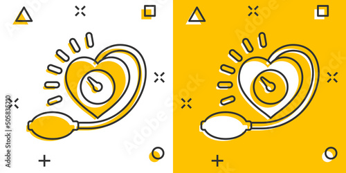 Arterial blood pressure icon in comic style. Heartbeat monitor cartoon vector illustration on isolated background. Pulse diagnosis splash effect sign business concept.