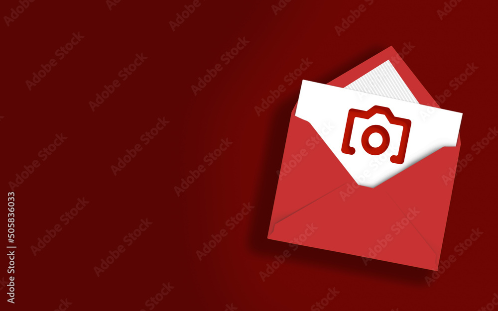 Camera Icon in Envelope on Red Background Camera Icon in Envelope on Red Background